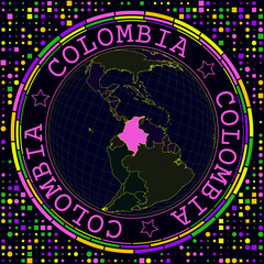 Futuristic Colombia on globe. Bright neon satelite view of the world centered to Colombia. Geographical illustration with shape of country and geometric background. Authentic vector illustration.