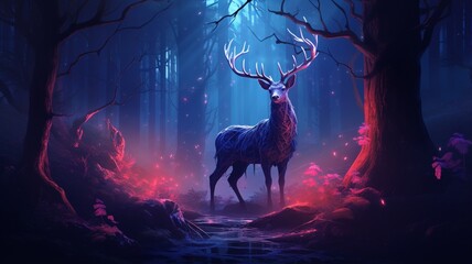 Old deer forest neon light fantasy illustration picture Ai generated art