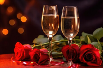 Champagne glasses and red roses for Valentines day background.