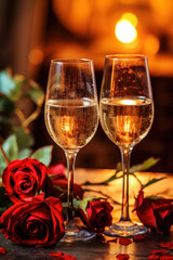 Champagne glasses and red roses for Valentines day background.