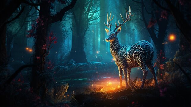Old deer forest neon light fantasy illustration picture Ai generated art