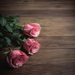 Roses on wooden board for Valentines Day background.