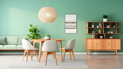 chairs at the round wooden dining table in the room with sofa and closet near the green wall. Scandinavian, mid-century modern living home interior design