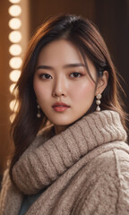 Young asian woman portrait. Beauty winter clothes model