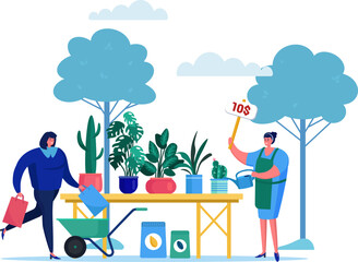 Woman sells indoor plants at outdoor market, man with shopping bags buys from her. Gardening sale event with customers and sellers. People and nature connection vector illustration.