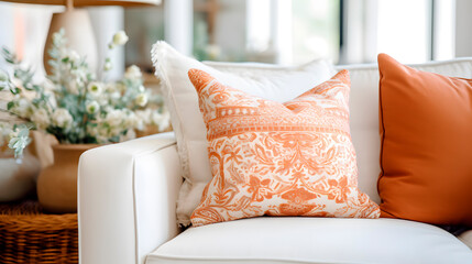 Close up of fabric sofa with white and terra cotta pillows. French country home interior design of modern living room - obrazy, fototapety, plakaty