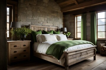Wood bedside cabinet near bed with green blanket. Farmhouse interior design of modern bedroom with lining wall and beam ceiling