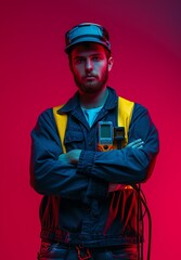 Fototapeta premium Young Electrician in front of a red blue background.