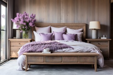 Wood bedside cabinet near bed with violet blanket. Farmhouse interior design of modern bedroom with lining wall and beam ceiling