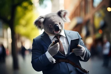 Poster koala bear portrait in suit use mobile phone on city street, Generative AI © dobok