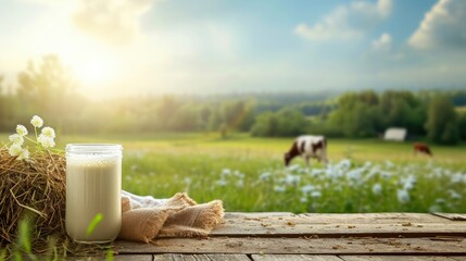 Milk with hay on wooden table and cow grazing in meadow - Powered by Adobe