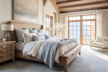 Wood bedside cabinet near bed with blue blanket. Farmhouse interior design of modern bedroom with lining wall and beam ceiling