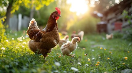 Mother hen with chickens in a rural yard. Chickens in a grass in the village against sun photos. Gallus gallus domesticus. Poultry organic farm.Sustainable economy.Natural farming.Free range chickens. - obrazy, fototapety, plakaty