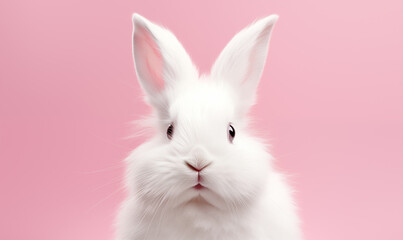 Cute fluffy white rabbit on a pink background. Generated by artificial intelligence. 