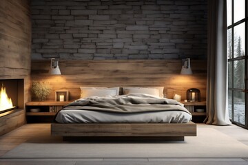 Wood bedside cabinet near bed with grey blanket. Farmhouse interior design of modern bedroom with lining wall and beam ceiling