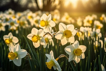 Bright daffodils blossom in spring, making a stunning wallpaper background. Generative AI
