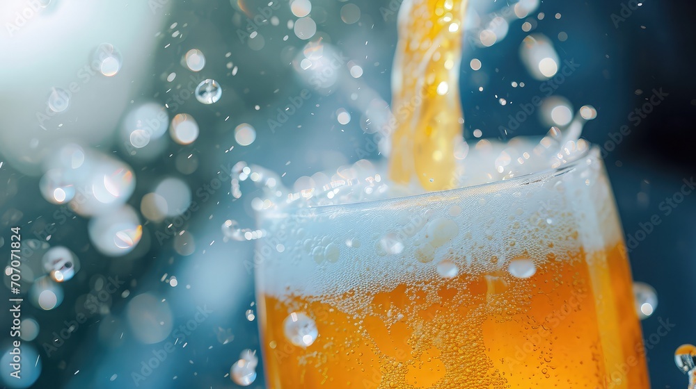 Poster pouring beer with bubble froth in glass for background on front view wave curve shape texture foam