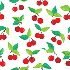 Seamless pattern of red berries with green leaves.  Vector Illustration.  Cartoon cherries isolated on white background. 