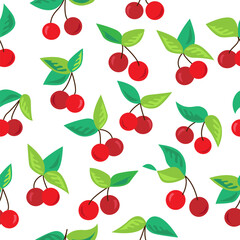 Materiał do szycia Seamless pattern of red berries with green leaves. Vector Illustration. Cartoon cherries isolated on white background.