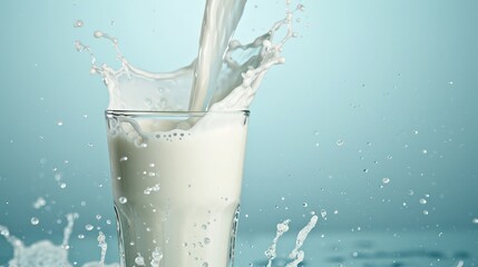 Pouring fresh milk into the glass with splashing on light blue background.