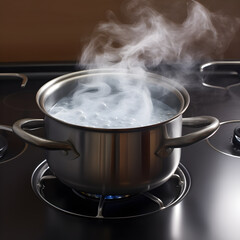 Hot water is boiling in a pot on the gas stove in the kitchen , kitchenware.