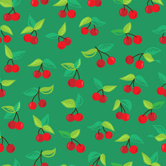 Materiał do szycia Seamless pattern of red berries with green leaves. Vector Illustration. Green background.