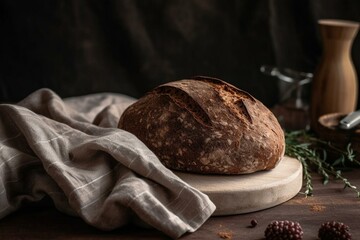 A homemade sourdough rye bread loaf on a linen towel. Generative AI - obrazy, fototapety, plakaty