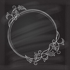 Vector round floral frame with ivy leaves decoration. Vintage style ivy stems wreath on a chalkboard background
