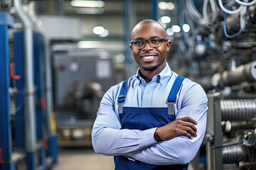 Confident African American engineer smiling in industrial setting with machinery in background.