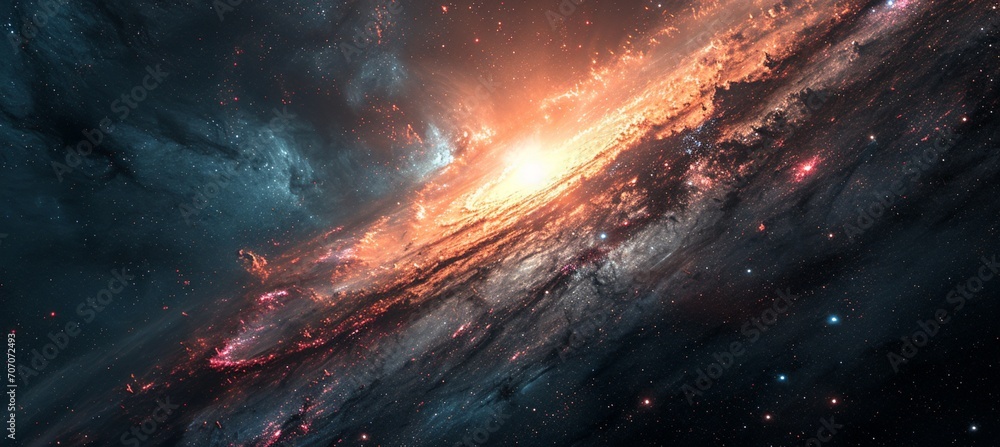 Poster create an abstract cosmic exploration artwork with celestial motifs and vivid colors, offering space