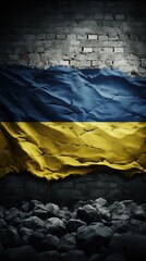 Ukraine flag national symbol on ruins wall background