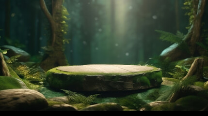Flat stone podium in the magical forest , empty round stand background