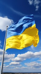 Ukraine flag large national symbol fluttering in blue sky.