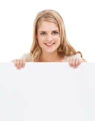 Happy, woman and portrait with blank poster, sign or banner in white background and mock up. Studio, space and person with an empty signage for announcement information, news on cardboard and paper