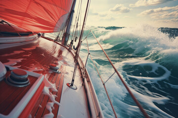 Sailing boat on turbulent sea with red sail battling the waves, showcasing the adventure and power of nature.