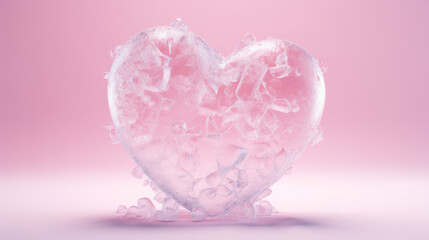 3D frozen pink heart made of ice, blue background, hyperrealism, Valentine's Day