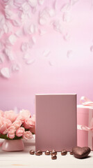 Gift box and flowers on a pink background with copy space.