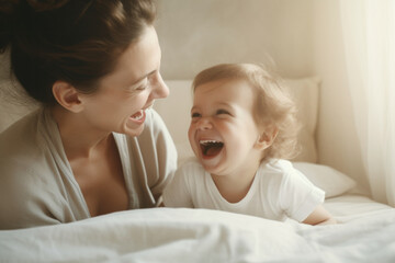 Obraz na płótnie Canvas Joyful moment between mother and child laughing together in a bright, cozy bedroom, radiating love and happiness