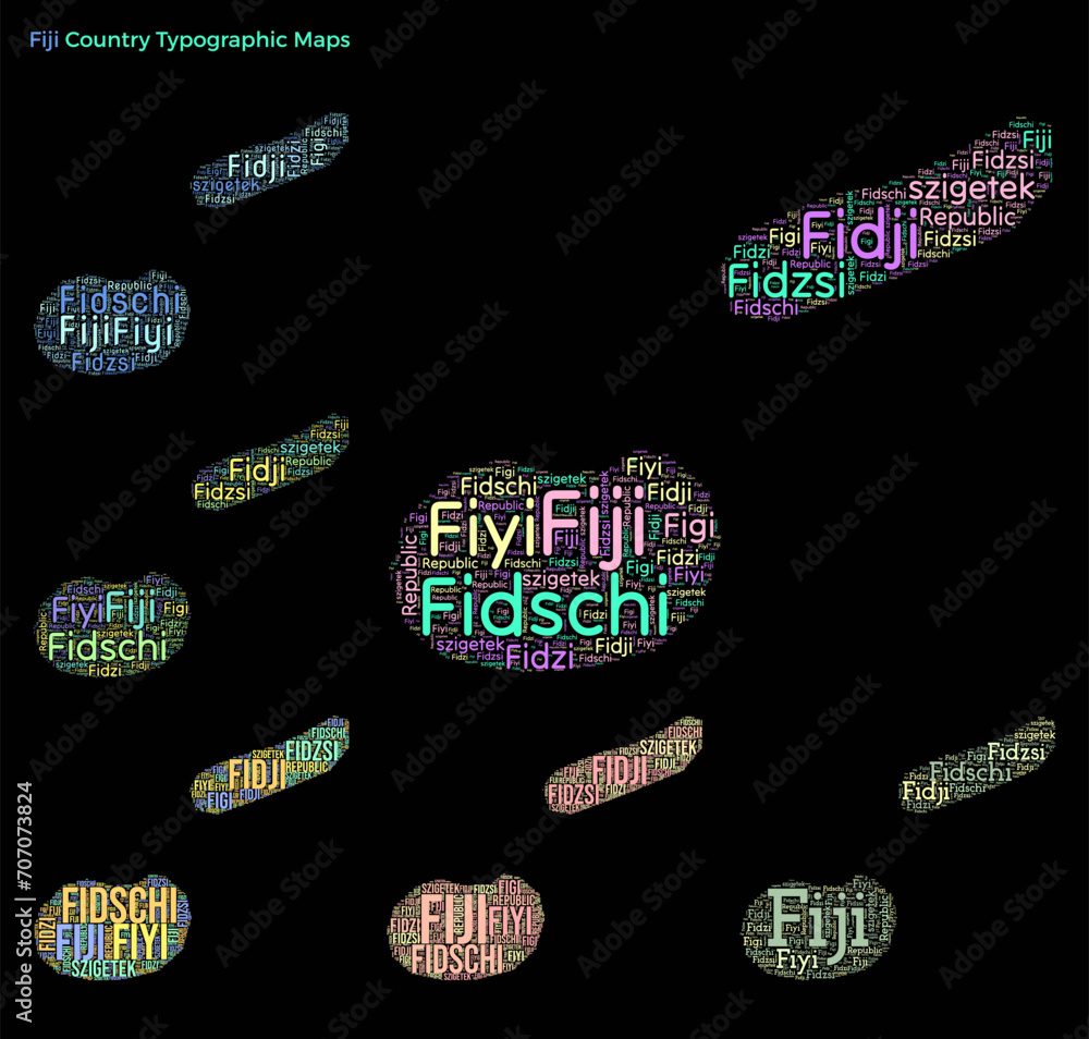 Poster fiji. set of typography style country illustrations. fiji map shape built of horizontal and vertical
