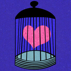 Ilustracja grafika różowe serce zamknięte w metalowej klatce niebieskie tło. - 707073810