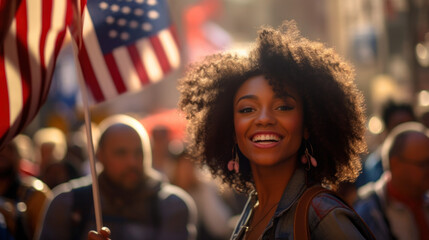 Vibrant young woman with an American flag celebrating President's Day, her joyful expression capturing the patriotic spirit - obrazy, fototapety, plakaty