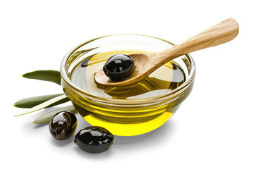 Extra virgin olive oil in a glass container with olives and wooden spoon, isolated from white background