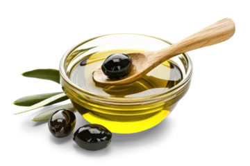 Poster Extra virgin olive oil in a glass container with olives and wooden spoon, isolated from white background © Miquel
