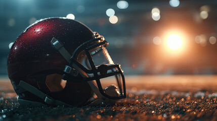 american football helmet on the ground inside stadium at night