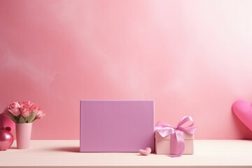 Gift box and flowers on wooden table, valentine concept.