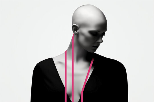 World day against breast cancer. Black and white portrait of woman surrounded by pink ribbon on light background. Disease awareness and research concept.