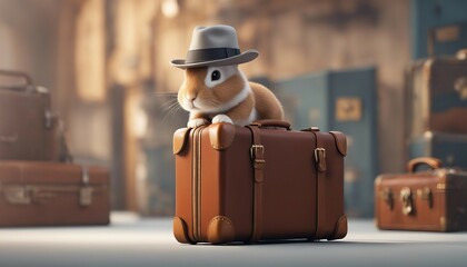 3d rendering of a cute rabbit wearing a hat on a suitcase - obrazy, fototapety, plakaty