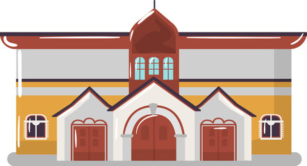 Flat design colorful church building with steeple and large windows. Cartoon style Christian chapel exterior vector illustration.