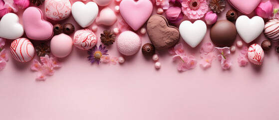 Chocolate candies and flowers on pink background. Top view with copy space.