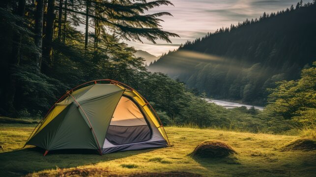 Camping adventure activities using tents, in the wild at a campground in the middle of the forest